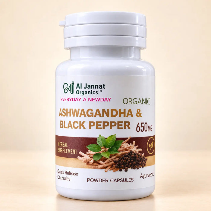 Al Jannat Organics Ashwagandha & Black Pepper Capsules 650mg