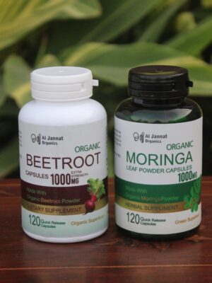 Al Jannat Organic Moringa Oleifera (Suhanjna) Pure Leaf Powder Capsules 1000mg and Beetroot Powder Beetroot Capsules 120’s + 120’s deal